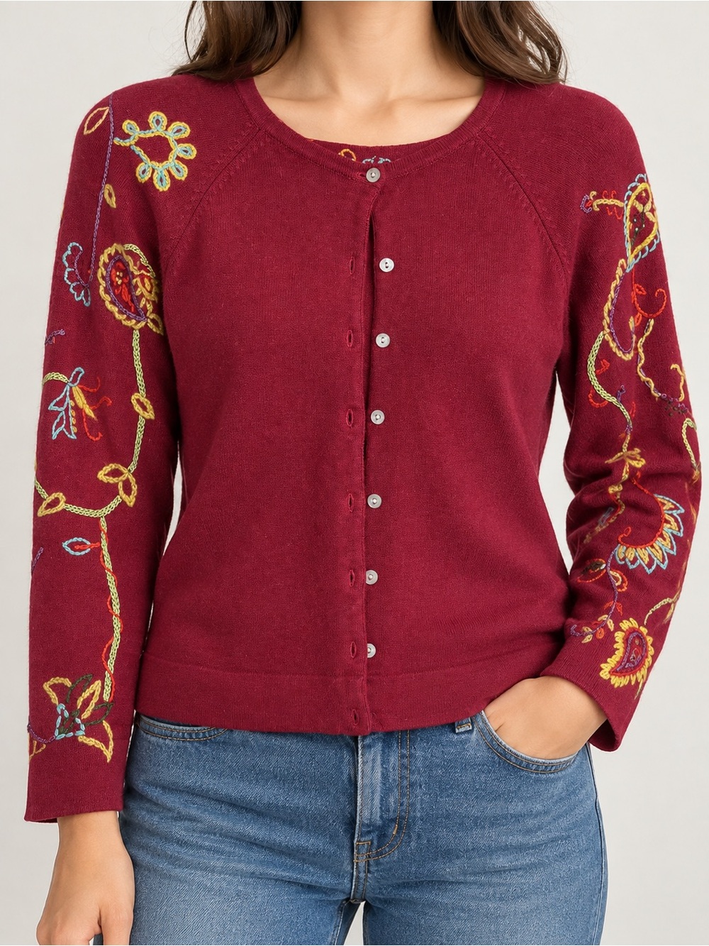 IVY Floral Embroidered Burgundy Button-Front Cardigan